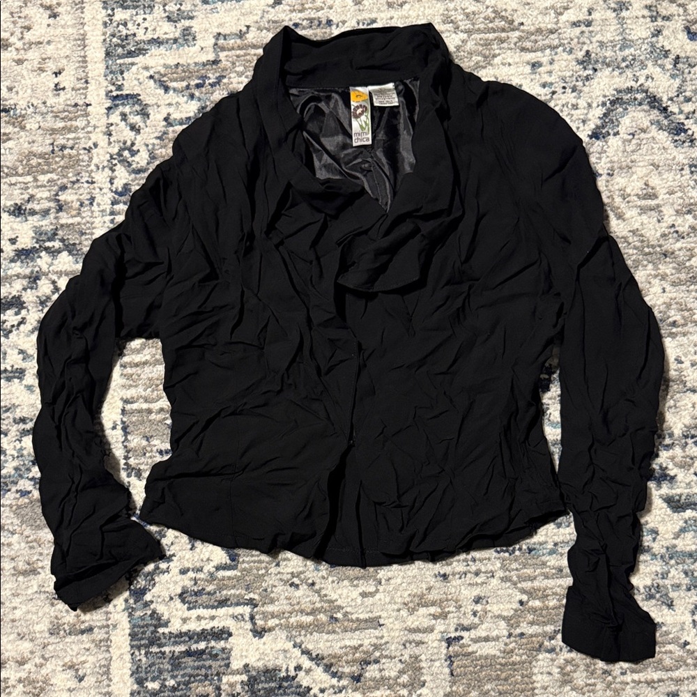Mimi Chica Black Draped Long Sleeve Open Front Blouse Y2K